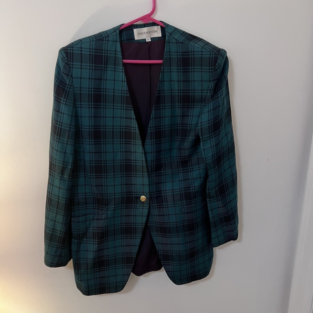 Jones New York Women's Vintage Plaid Blazer & Skirt Set Size 10 Green Blue Made